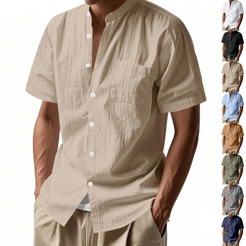 Chemise Décontractée Homme Mélange De Lin Manches Courtes Col Mao Boutonné Couleur Unie Été Plage Haut Respirant