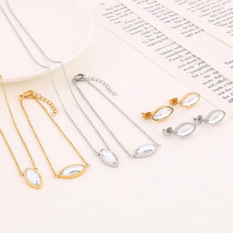 Gioielli Da Donna Collana Bracciale Orecchini In Acciaio Inossidabile Con Zirconi Taglio Marquise Semplice Elegante