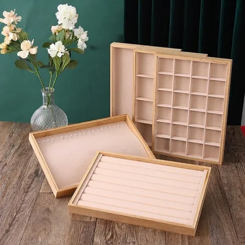 Bamboo Wood Jewelry Display Tray Organizer With Soft Velvet Lining For Ring Necklace Earring Storage