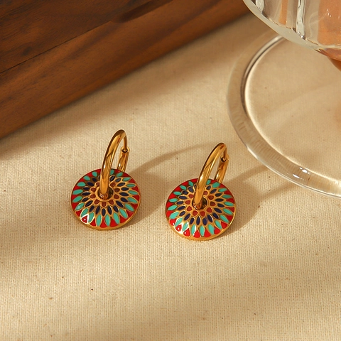 Emaille Blumen Creolen 18K Vergoldet Edelstahl Bohemian Retro Ethnisch Bemalt Schmuck Für Frauen