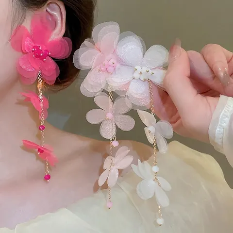 Chiffon Stoff Blume Quaste Ohrringe Mit 925 Sterling Silber Ohrstecker Lange Elegante Romantische Süsse Schmuck Frauen