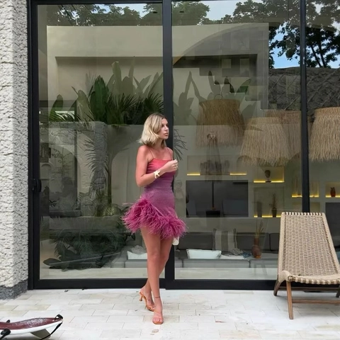Dames Gradiënt Mini-Jurk Met Sprankelende Stof En Veren Zoom Spaghettibandjes Nauwsluitend Elegant Feest Clubwear