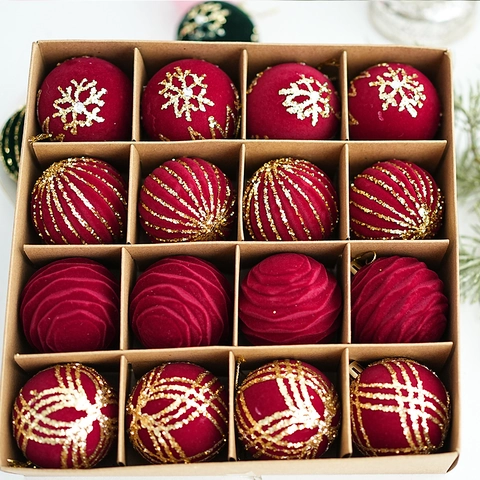 Ornements De Boules De Noël Flocage Velours Plastique Paillettes Or Flocon De Neige Rayé Décor D'Arbre De Fêtes