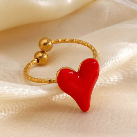 Bague Ouverte Cœur Rouge Acier Inoxydable Plaqué Or Émail Goutte Huile Ajustable Minimaliste Bijoux Mode Pour Femmes