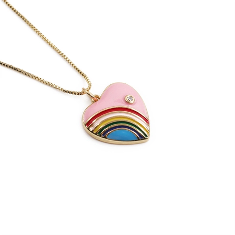 Heart Pendant Necklace Copper Pink Enamel Rainbow Gold Plated Link Chain Zircon Inlaid Trendy Fashion Jewelry For Women