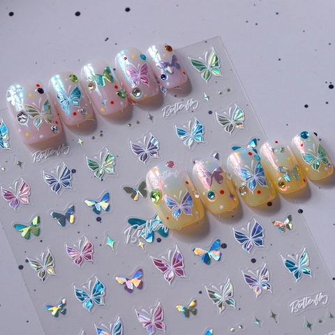 Pegatinas Uñas Mariposa Holográfica Láser 3D Relieve Brillo De Concha Auto Adhesivas Manicura DIY Decoración