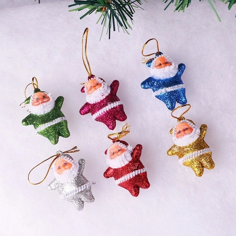 Mini Santa Claus Ornaments Plastic Flocking Glitter Christmas Tree Hanging Decorations Festive Party Decor Colorful