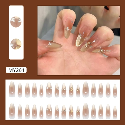 Cat Eye Press On Nägel Lange Mandelform Gradient Französisches Galaxie Design Mit Künstliche Perlen Und Strasssteinen Künstliche Nägel