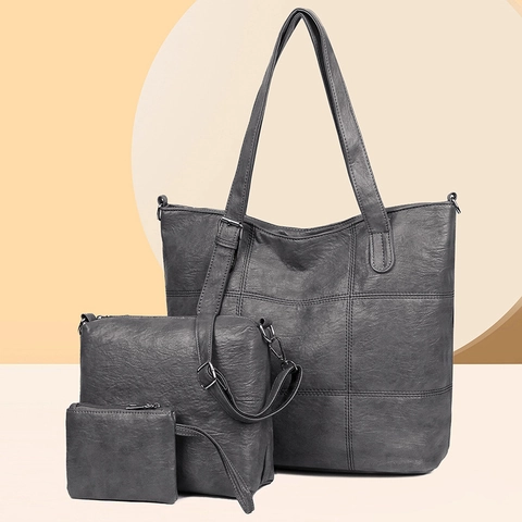 Women PU Leather Tote Crossbody And Pouch Bag Lattice Stitching Large Capacity Minimalist Urban Fashion
