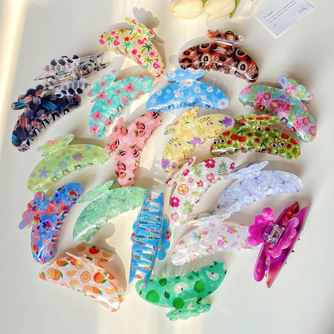 Acrylic Hair Claw Clips Large Resin Floral Fruit Print Shark Clips Strong Hold Non-slip Accessories For Women