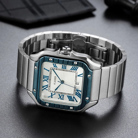 Montre À Quartz Pour Hommes Bracelet En Acier Inoxydable Cadran Carré Chiffres Romains Calendrier Étanche Mode Affaires