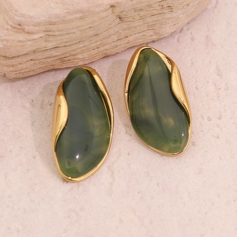 Retro Geometric Stud Earrings Stainless Steel Resin Stone Texture Irregular Gold Plated Minimalist Vintage Jewelry Women