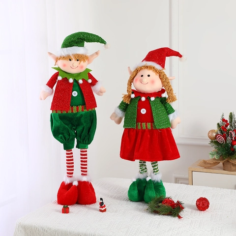 Christmas Elf Dolls Plush Extendable Legs Decoration For Home Tabletop Party Ornaments Prince Princess Style Red Green