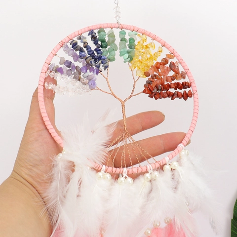 Tree Of Life Dream Catcher Handmade Crystal Stone Feather Beads Hanging Ornament Bohemian Home Wall Decor Bedroom Gift