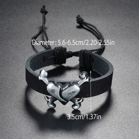 Vintage Gothic Punk Leather Bracelet Alloy Cross Heart Wings Adjustable Drawstring Braided Rope Bangle Jewelry For Men