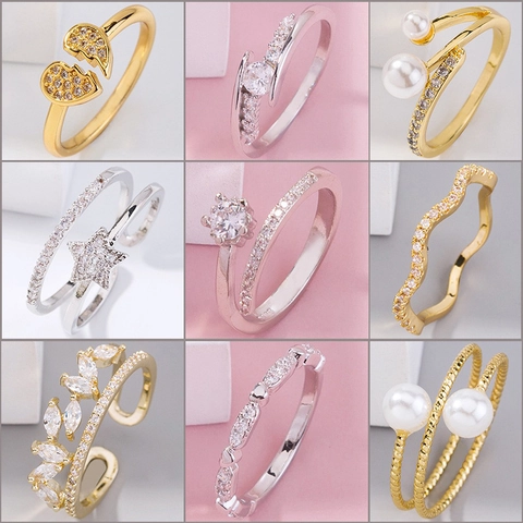 Anillos De Cobre Para Mujer Con Circonita Y Perla Artificial De Imitación Ajustable Elegante Joyería Brillante Regalo