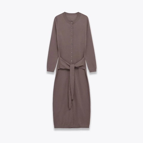 Midi Knitted Dress Elegant Long Sleeve Round Neck Single Breasted Belted Solid Color For Women