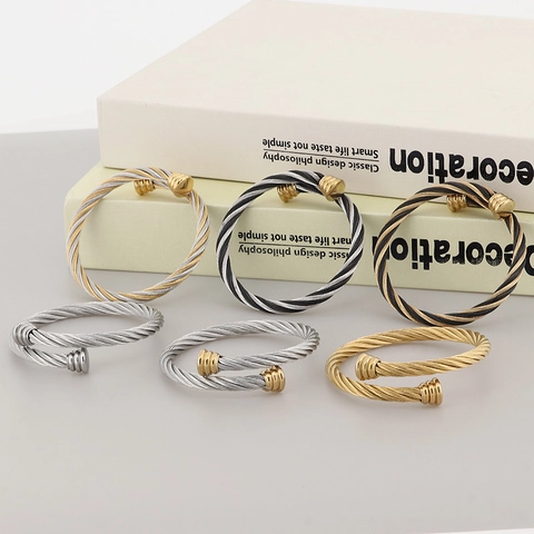 Bracciale Rigido Aperto In Filo Di Cavo Intrecciato Acciaio Inossidabile Geometrico Regolabile Gioielli Per Uomo Donna Chic