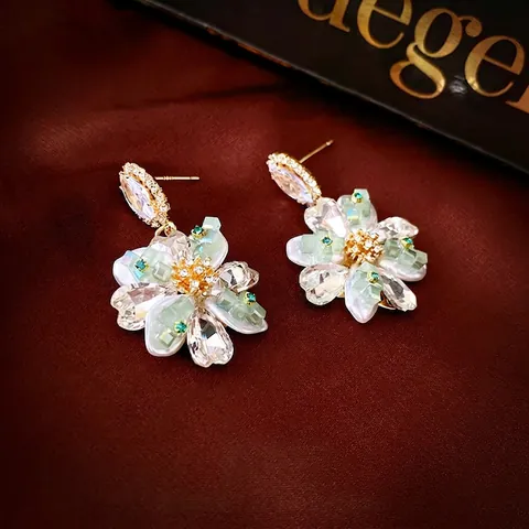 Pendientes De Botón Ovalados Con Flores Y Diamantes De Imitación Con Poste De Plata 925 Aleación Perla Artificial Joyería Elegante