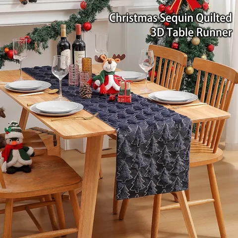 Christmas Table Runner Sequin Embroidery 3D Christmas Tree Pattern Plush Polyester Holiday Dining Table Decoration Nordic Style