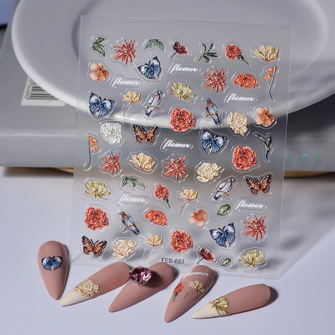 5D Relief Nagelaufkleber Vintage Emaille Blume Schmetterling Abziehbilder Wasserdicht Selbstklebend Maniküre Nagelkunst Dekoration Für Damen