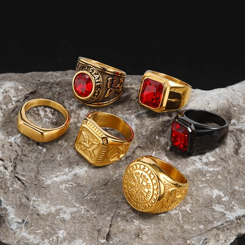 Men Stainless Steel Ring Eagle Viking Compass Red Zircon Signet Vintage Gold Plated Jewelry Punk Military Style