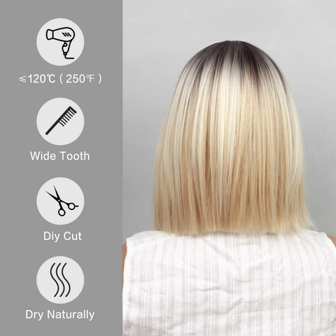 Parrucca Bob Corta Liscia Ombre Biondo Platino Fibra Sintetica Resistente Al Calore Riga In Mezzo Naturale Per Donne