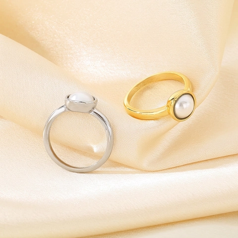 Stainless Steel Artificial Pearl Ring Simple Polished Bezel Set Vintage High End Style For Women Elegant Finger Jewelry