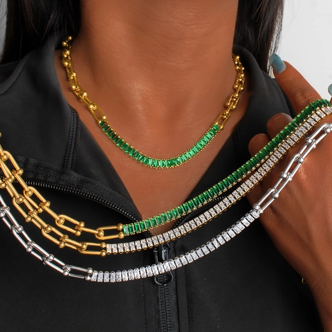 Hip Hop Stainless Steel U Link Chain Jewelry Set With Baguette Zirconia Gold Silver Plated Necklace Bracelet For Women
