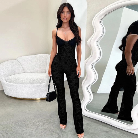 Sexy Spitze Jumpsuit Durchsichtig Spaghettiträger Ärmellos Hohe Taille Ausgestelltes Bein Bodycon Streetwear Für Frauen