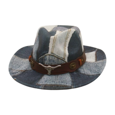 Vintage Western Καπέλο Κάουμποι Denim Patchwork Fedora Με Μεταλλικό Κεφάλι Ταύρου Δερμάτινη Ζώνη Ρετρό Αξεσουάρ
