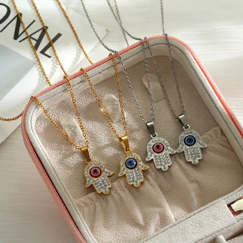 Collana Mano Di Hamsa Occhio Del Diavolo Acciaio Inossidabile Placcato Oro 18K Strass Stile Etnico Gioielli Amuleto Donna