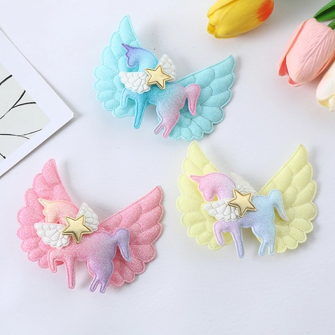 Unicorn Angel Wings Hair Clips Glitter Fabric Gradient Handmade Sweet Girls Kids Hair Styling Gold Star Decor