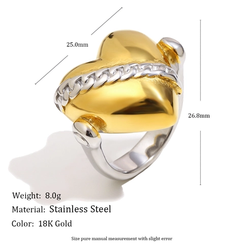 Herzring Edelstahl Zweifarbig 18K Vergoldet Kettendetail Stereoskopisch 3D Nische Design Schmuck Für Frauen