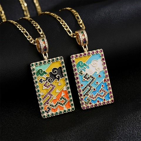 Collana Pendente Rettangolo Vintage Rame Placcato Oro Smalto Colorato Zircone Stile Carta Tarocchi Catena Figaro Donna