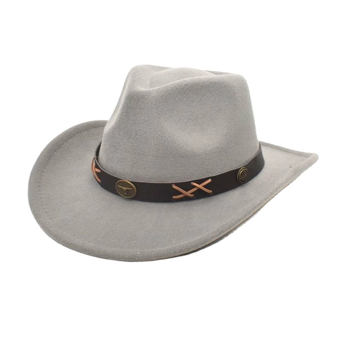 Western Cowboy Hat Wide Brim Felt Jazz Fedora With Leather Belt Bull Head Studs Ethnic Style For Men Women