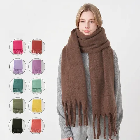 Women's Solid Color Thickened Warm Scarf With Tassels Soft Polyester Woven Winter Long Scarf Shawl For Daily Outdoor Casual Wrap