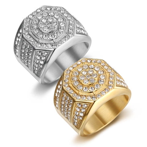 Hip Hop Octagonal Ring Luxury Stainless Steel Full Zirconia Inlay Bling Jewelry Fashion Gift For Men