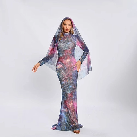 Galaxy Sterrenhemel Print Lange Mouwen Maxi Jurk Strass Mesh Bodycon Hoge Taille Sexy Elegant Vloerlengte Dames