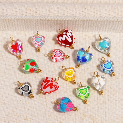 Heart Pendant Glass Lampwork Charms For Jewelry Making DIY Craft Necklace Bracelet Accessories Colorful Patterns With Gold Loop