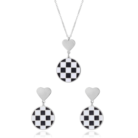 Collana e Orecchini in Metallo a Forma di Cuore con Motivo a Scacchiera in Stile Francese Collezione di Gioielli Effetto Smalto da Donna