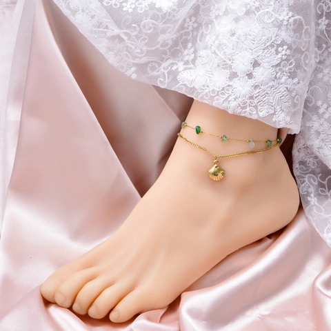 Chaîne de Cheville Double Couche en Acier Titane pour Femme Pendentif Coquillage Pierre Naturelle Style Plage Bijoux Océan Mode