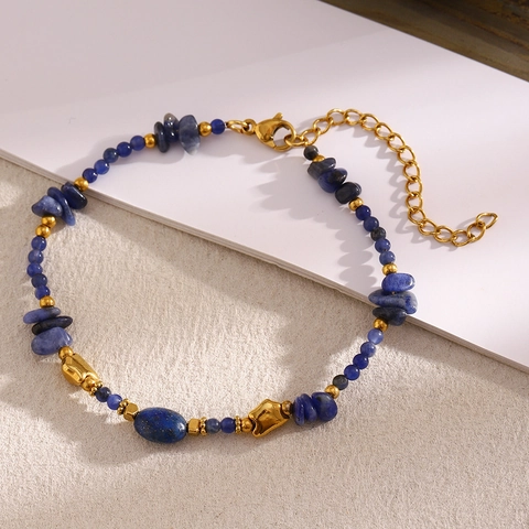 Perlenarmband Unregelmäßiger Blauer Naturstein 18K Vergoldeter 316L Edelstahl Retro Eleganter Schmuck Für Damen