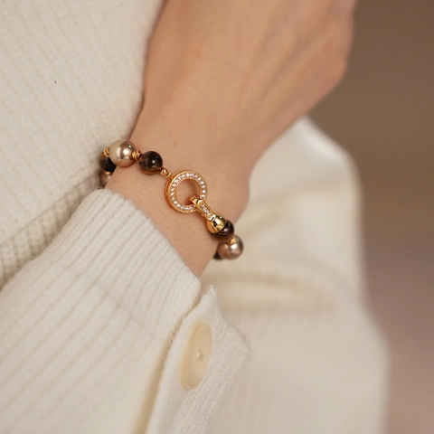 Pulsera De Cuentas Vintage Para Mujer Cobre Chapado En Oro Real Piedra Ojo De Tigre Perla Artificial Circonita Geométrica