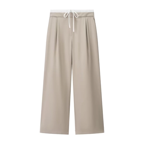 Women High Waist Wide Leg Pants Woven Polyester Casual Loose Trousers Chic Double Layer Waist Drawstring Elegant