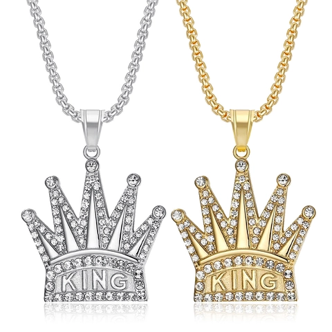 Hip Hop Stainless Steel King Crown Pendant Necklace For Men Women Iced Out Rhinestone King Letter Jewelry Pendant Gift