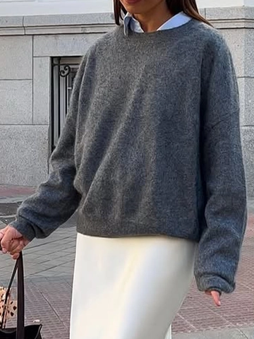 Pull En Maille Pour Femmes Mélange De Laine Col Rond Manches Longues Couleur Unie Décontracté Élégant