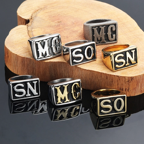 Men Signet Ring Titanium Stainless Steel Carved Letter Square Biker Punk Gothic Retro Hip Hop Jewelry