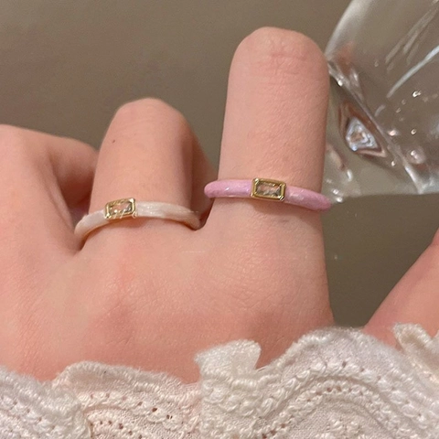French Style Rectangle Zircon Adjustable Open Ring Copper Gold Plated Enamel Minimalist Sweet Finger Jewelry For Women