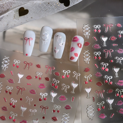 5D Embossed Nail Art Stickers Relief Red Lips Bow Hearts Self Adhesive Manicure Decoration For Women